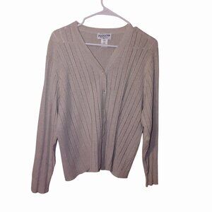 Pendleton Cardigan Sweater Large Petite Beige Ribbed Classic Knit MOP Buttons